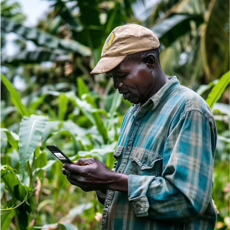 A farmer reading his phone among banana and maize plants