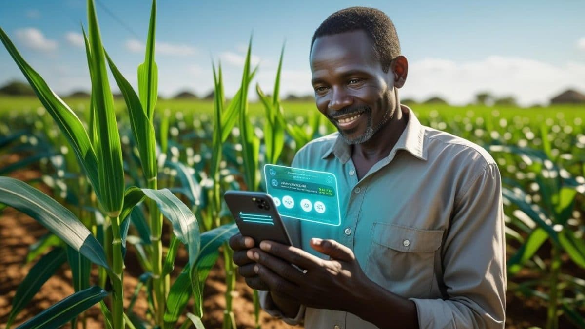 A farmer checking his crop on a phone