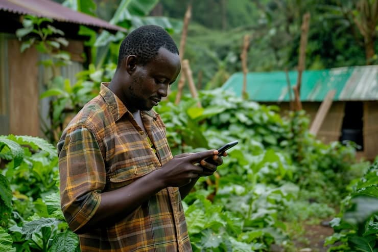 A farmer sending a text message on a basic phone