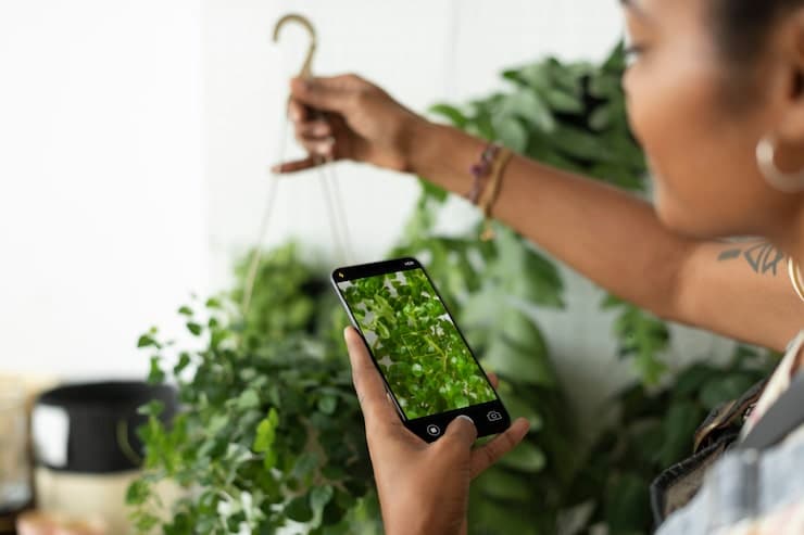 A hand photographing a plant with a phone